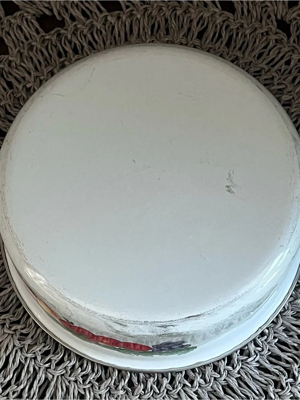 Vintage White Enamel Fruit-Print Bowl apples cottage core granny decor